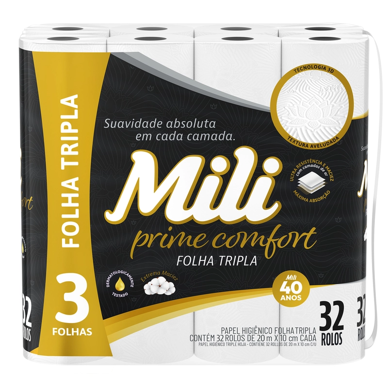 Papel Higiênico Mili Prime Comfort Folha Tripla 20m - 32 rolos